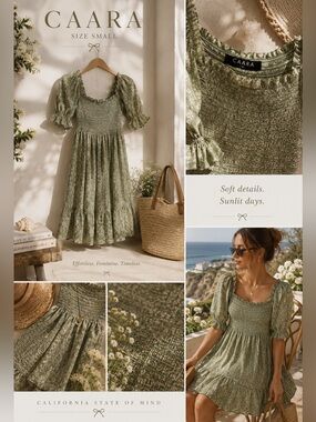 Caara Sage Green Smocked Midi Dress with Puff Sleeves